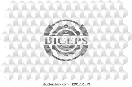 Biceps realistic grey emblem with cube white background
