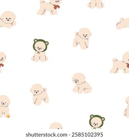 Bichon Frise dog, seamless pattern. Canine background with cute baby puppy. Endless repeating print with funny kawaii pup for fabric, textile, wrapping paper design. Flat vector illustration