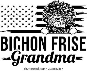 Bichon frise fluffly dog vintage flag GRANDMA EPS vector art