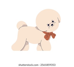 Bichon Frise puppy wearing elegant bow. Cute fluffy canine animal, little dog, kawaii adorable toy breed. Friendly happy companion pet profile. Flat vector illustration isolated on white background