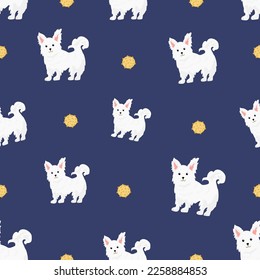 Bichon frise Teacup seamless pattern. Different coat colors and poses set. Vector illustration