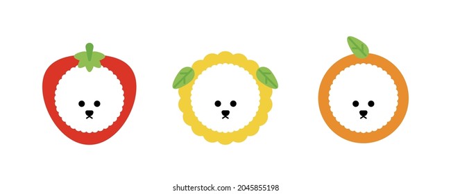 Bichon Frize dog character icon set with cute hat. Graphic illustration of cute pet facial expressions with colorful strawberries, flowers and orange hats.