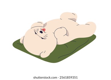 Bichon Frize puppy lying, sleeping belly up on cushion. Cute fluffy canine in lazy relaxed pose with tongue out. Adorable dog pet asleep. Flat vector illustration isolated on white background