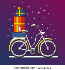 Bicicyle with Christmas gifts. Flat design vector illustration.
