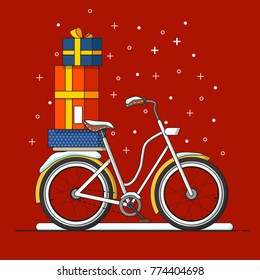 Bicicyle with Christmas gifts. Flat design vector illustration.