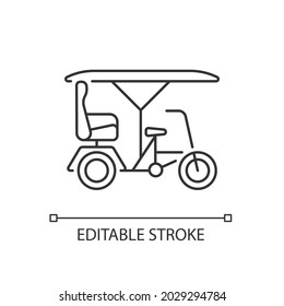 Bicitaxi linear icon. Tourists transportation. Bicycle taxi. Commercial vehicle with three wheels. Thin line customizable illustration. Contour symbol. Vector isolated outline drawing. Editable stroke