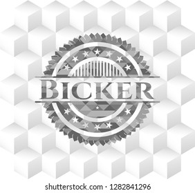 Bicker realistic grey emblem with geometric cube white background