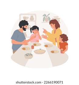 Bickering isolated cartoon vector illustration. Angry parents quarrel at the table with kids, unhappy childhood, unhealthy lifestyle, family bad habits, arguing people vector cartoon.