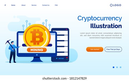 Bicoin cryptocurrency investment landing page. Marketplace website illustration flat vector template. Mining crypto
