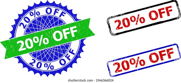 Bicolor 20 Percents OFF seal stamps. Green and blue 20 Percents OFF seal with sharp rosette and ribbon elements. Rounded rough rectangle framed 20 Percents OFF seals in red, blue, black colors, with