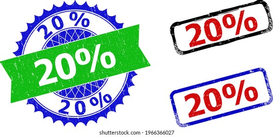 Bicolor 20 Percents stamps. Green and blue 20 Percents badge with sharp rosette and ribbon design elements. Rounded rough rectangular framed 20 Percents seal stamps in red, blue, black colors, with