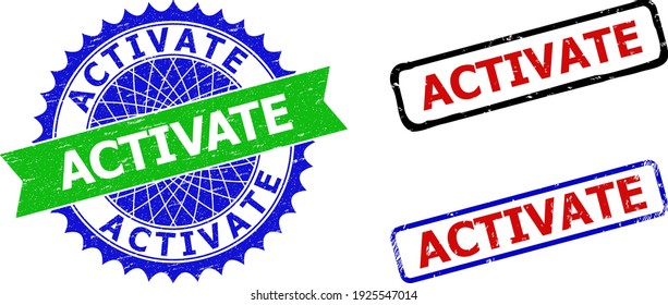 Bicolor ACTIVATE stamps. Green and blue ACTIVATE stamp with sharp rosette and ribbon elements. Rounded rough rectangle framed ACTIVATE seal stamps in red, blue, black colors, with corroded surface.