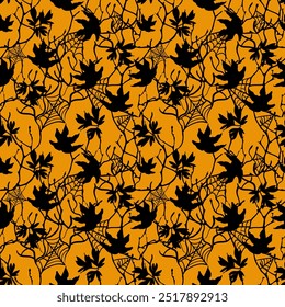 Bicolor Autumn Seamless Pattern com ramos de árvore e Cobweb. Plano de Fundo Simples de Halloween.