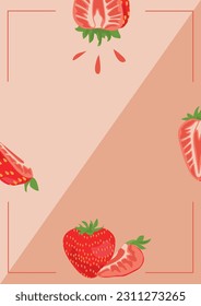 Bicolor background with a frame and strawberries whole and cut in half. Vector illustration. Suitable for print, social media and backdrops.