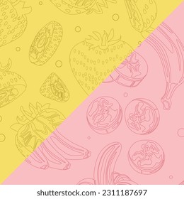 Fondo bicolor con bananas lineales y fresas. Ilustración vectorial. Adecuado para imprenta, medios sociales y telón de fondo.