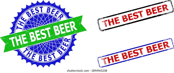 Bicolor THE BEST BEER seal stamps. Blue and green THE BEST BEER seal stamp with sharp rosette and ribbon. Rounded rough rectangle framed THE BEST BEER stamps in red, blue, black colors,