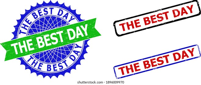 Bicolor THE BEST DAY seal stamps. Blue and green THE BEST DAY watermark with sharp rosette and ribbon. Rounded rough rectangular framed THE BEST DAY seal stamps in red, blue, black colors,