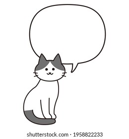 A bicolor cat with a balloon and a body facing to the right.
