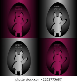 Bicolor collage with easter bunny in cut out paper style. Modern greeting card with rabbit in the easter egg.