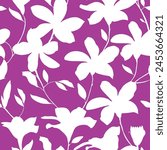 bicolor contour silhouette seamless pattern with flowers and leaves. Abstract floral spring, summer pattern.Abstract Hand Background Seamless vector floral pattern in Hawaiian style with big flowers