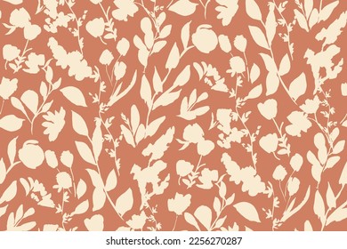 bicolor contour silhouette seamless pattern with flowers and leaves. Abstract floral spring, summer pattern.