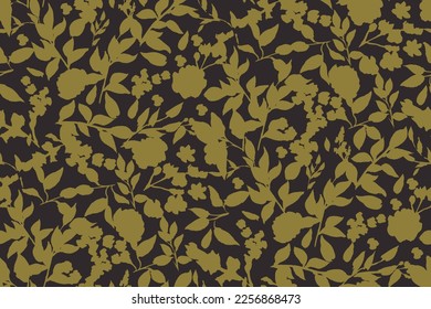 bicolor contour silhouette seamless pattern with flowers and leaves. Abstract floral spring, summer pattern.
