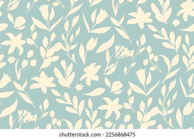 bicolor contour silhouette seamless pattern with flowers and leaves. Abstract floral spring, summer pattern.