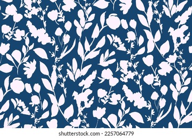 silueta de contorno bicolor sin fisuras con flores y hojas. Resumen de primavera floral, patrón de verano.
