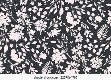 bicolor contour silhouette seamless pattern with flowers and leaves. Abstract floral spring, summer pattern.