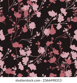 bicolor contour silhouette seamless pattern with flowers and leaves. Abstract floral spring, summer pattern.