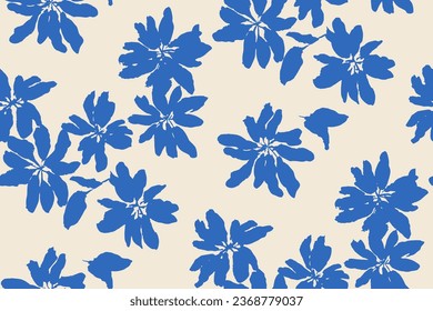 bicolor contour silhouette seamless pattern with flowers and leaves. Abstract floral spring, summer pattern.hand drawn, not AI