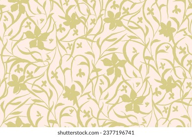 bicolor contour silhouette seamless pattern with flowers and leaves. Abstract floral spring, summer pattern.hand drawn, not AI