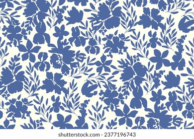 bicolor contour silhouette seamless pattern with flowers and leaves. Abstract floral spring, summer pattern.hand drawn, not AI