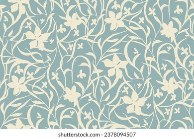 bicolor contour silhouette seamless pattern with flowers and leaves. Abstract floral spring, summer pattern.hand drawn, not AI