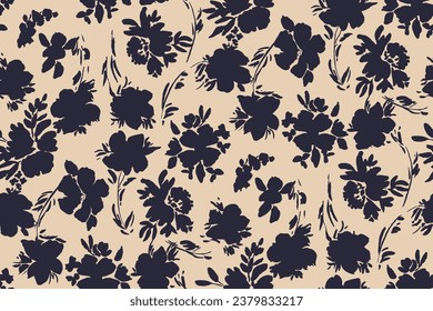 bicolor contour silhouette seamless pattern with flowers and leaves. Abstract floral spring, summer pattern.hand drawn, not AI