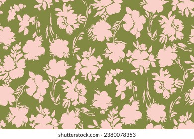 bicolor contour silhouette seamless pattern with flowers and leaves. Abstract floral spring, summer pattern.hand drawn, not AI