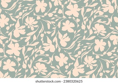 bicolor contour silhouette seamless pattern with flowers and leaves. Abstract floral spring, summer pattern.hand drawn, not AI