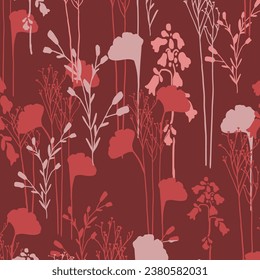 bicolor contour silhouette seamless pattern with flowers and leaves. Abstract floral spring, summer pattern.