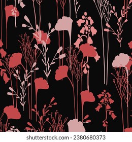 bicolor contour silhouette seamless pattern with flowers and leaves. Abstract floral spring, summer pattern.