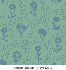 bicolor contour silhouette seamless pattern with flowers and leaves. Abstract floral spring, summer pattern.
