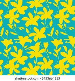 bicolor contour silhouette seamless pattern with flowers and leaves. Abstract floral spring, summer pattern.Abstract Hand Background Seamless vector floral pattern in Hawaiian style with big flowers