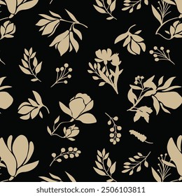 bicolor contour silhouette seamless pattern with flowers and leaves. Abstract floral spring, summer pattern.