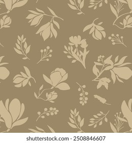 bicolor contour silhouette seamless pattern with flowers and leaves. Abstract floral spring, summer pattern.