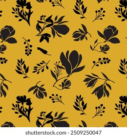 bicolor contorno silhueta padrão sem costura com flores e folhas. Abstrato floral primavera, padrão de verão.