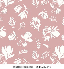 bicolor contour silhouette seamless pattern with flowers and leaves. Abstract floral spring, summer pattern.