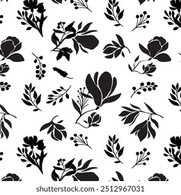 bicolor contour silhouette seamless pattern with flowers and leaves. Abstract floral spring, summer pattern.