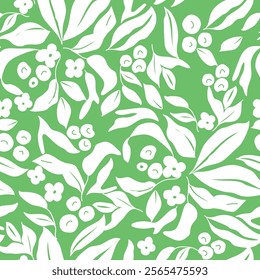 Bicolor contour silhouette seamless pattern with flowers and leaves. Abstract floral spring, summer pattern.