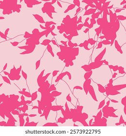 Bicolor contour silhouette seamless pattern with flowers and leaves. Abstract floral spring, summer pattern. Vector illustration