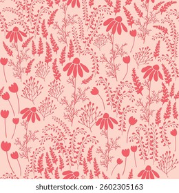 Bicolor contour silhouette seamless pattern with flowers and leaves. Abstract floral spring, summer pastel pattern