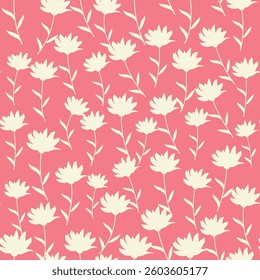 Bicolor contour silhouette seamless pattern with flowers and leaves. Abstract floral spring, summer pastel pattern